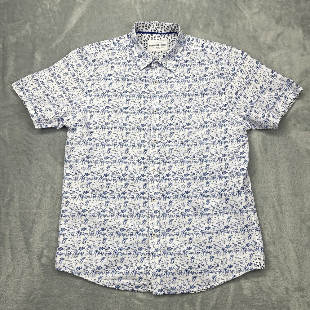 International Report Shirt Mens L White Blue Palm Tree Print Classic Button-Down